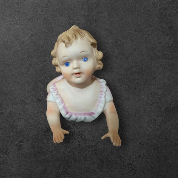 Bisque Porcelain Piano Baby Figurine Crawling Girl in  Pink Dress  Vintage 9" - Picture 2 of 9
